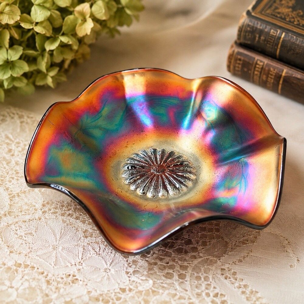 Antique Northwood Amethyst Carnival Glass Poppy Ruffled Bowl Iridescent 7”